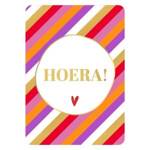 KP Kaart A6 `Hoera` diagonale streep roze oranje paars rood