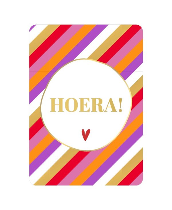 KP Kaart A6 `Hoera` diagonale streep roze oranje paars rood - Afbeelding 1