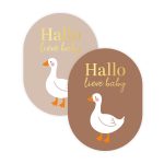 Sticker ovaal 43mmx59mm , `Hallo lieve baby` gansje goose ( mix van 10 stuks )