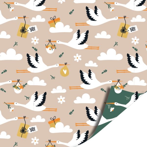 Kadopapier / inpakpapier `Ooievaar` beige basis   ( 30cmx1meter ) - Afbeelding 1