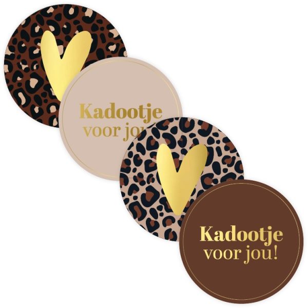 Sticker rond 50mm , `Panter hart kadootje voor jou` bruin goud leopard ( mix van 10 stuks ) - Afbeelding 1