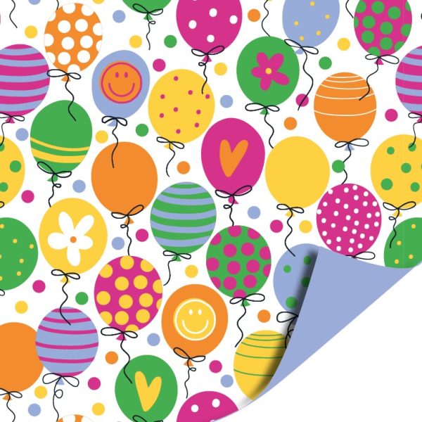 Kadopapier / inpakpapier `Ballonnen feest!` roze blauw groen geel oranje op witte basis  ( 30cmx1meter ) - Afbeelding 1