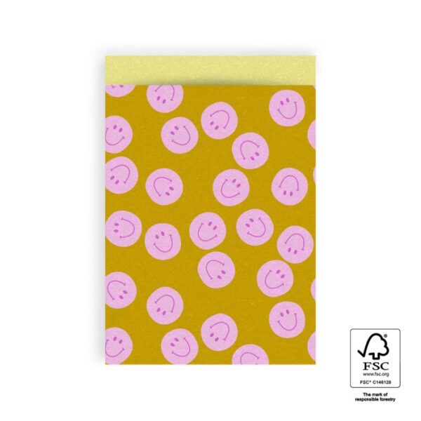 Kadozakje, Large 17cmx25 cm `Smiley`s oker geel / roze` ( per stuk ) - Afbeelding 1