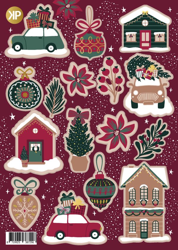 Stickervel A5 met 15 stickers , `Christmas warme kleuren` auto`s huisjes kerstboom - Afbeelding 1