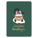 KP Kerst kaart A6 `Gezellige kerstdagen` auto met kadootjes en boom op groene basis