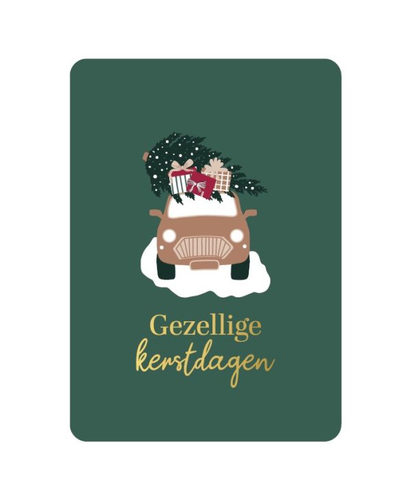 KP Kerst kaart A6 `Gezellige kerstdagen` auto met kadootjes en boom op groene basis - Afbeelding 1