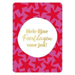 KP Kerst kaart A6 `Hele fijne feestdagen voor jou` roze met rode sterren