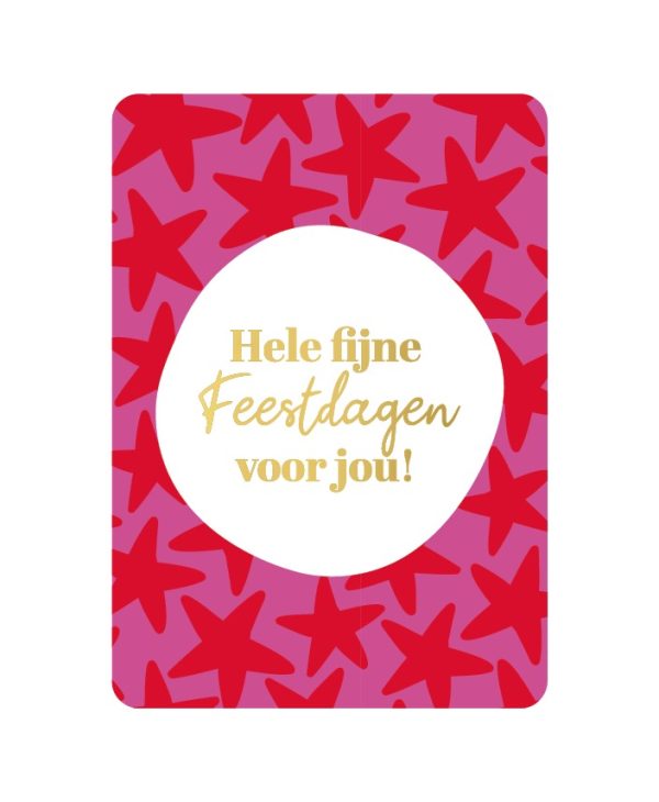 KP Kerst kaart A6 `Hele fijne feestdagen voor jou` roze met rode sterren - Afbeelding 1