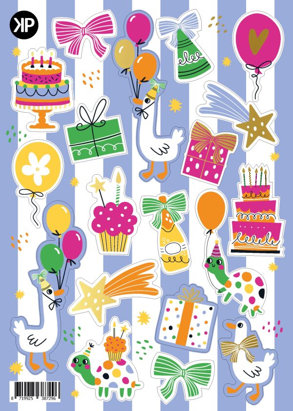 Stickervel A5 met 19 stickers , `Feest gansje` hoedje taart partijtje - Afbeelding 1