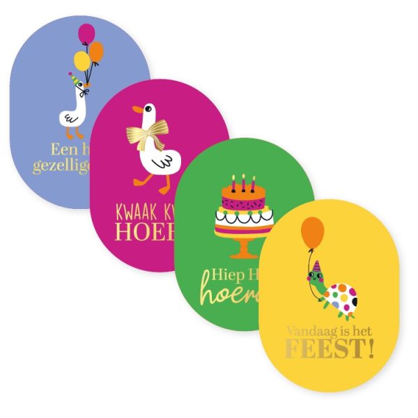 Sticker ovaal 43mm x 59mm , `Gans taart schildpad / hoera feest`  ( mix van 10 stuks ) - Afbeelding 1