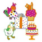 Sticker 40mm x 44mm , `Birtday doodle` diertjes taart kadootje  ( mix van 10 stuks )