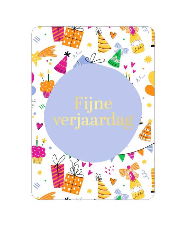 KP Kaart A6 `Fijne verjaardag` hoedjes kadootjes feest - Afbeelding 1