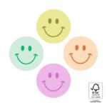Sticker rond 35mm , `Smiley pastel tonal`4 kleuren,  geel/oranje/groen/roze  ( mix van 10 stuks )