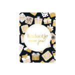 KP klein kaartje A7 , `Kadootje voor jou` met goud beige kadootjes print op zwart