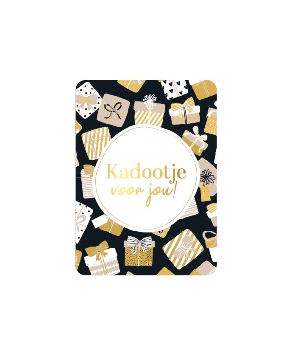 KP klein kaartje A7 , `Kadootje voor jou` met goud beige kadootjes print op zwart - Afbeelding 1