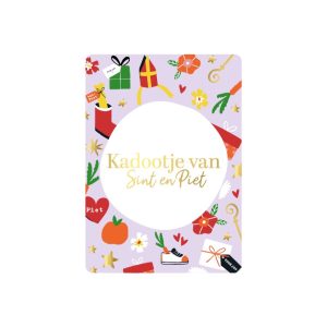 KP klein kaartje A7 , `Kadootje van Sint en Piet` lila basis met allerlei afbeeldingen
