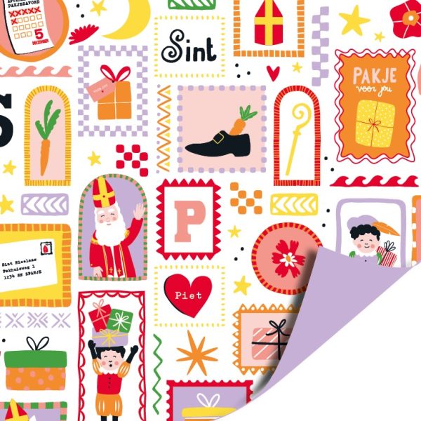Kadopapier / inpakpapier `Sinterklaas feest` print met allerlei afbeeldingen , roze oranje paars   ( 30cmx1meter ) - Afbeelding 1