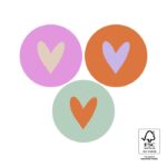 Sticker rond 35mm , `Heart colourful combi`3 kleurmixen,  roest mint roze lila  ( mix van 10 stuks )