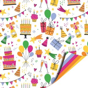 Kadopapier / inpakpapier `Birthday doodles` feest partijtje taart kadootjes ballonnen ( 30cmx1meter )