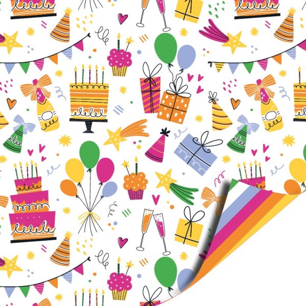 Kadopapier / inpakpapier `Birthday doodles` feest partijtje taart kadootjes ballonnen ( 30cmx1meter ) - Afbeelding 1