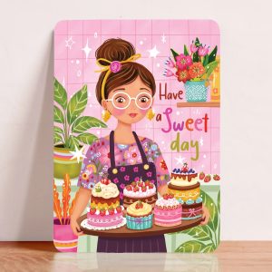 Aniet Illustration, kaart A6 `Have a sweet day` meisje met taartjes