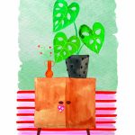 Kaartenpret, A6 kaart van karton `Kastje met twee deurtjes plant en vaasje`