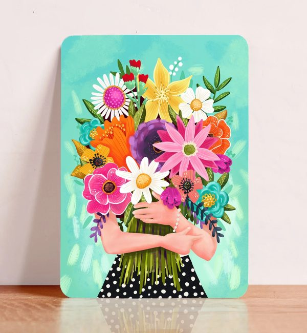 Aniet Illustration, kaart A6 `Bos bloemen in armen` blauwe achtergrond - Afbeelding 1