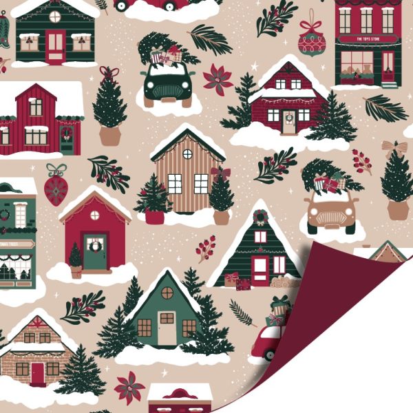 Kadopapier / inpakpapier `Kerst huisjes` huisjes takjes autootjes in warme kleuren ( 30cmx1meter ) - Afbeelding 1