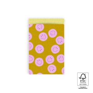 Kadozakje, Medium 12cmx19cm `Smiley`s oker geel / roze`  ( per stuk )