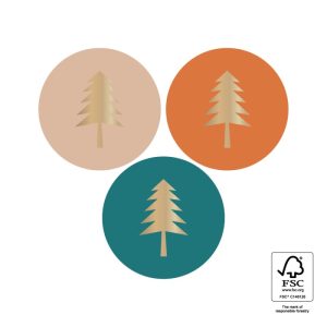 Sticker kerst rond 35mm , `Modern tree warme kleuren` roest jade beige ( mix van 10 stuks )