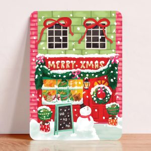 Aniet Illustration,  kerst kaart A6 `Merry xmas` huis voordeur sneeuwpop decoratie