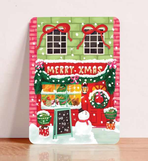 Aniet Illustration,  kerst kaart A6 `Merry xmas` huis voordeur sneeuwpop decoratie - Afbeelding 1