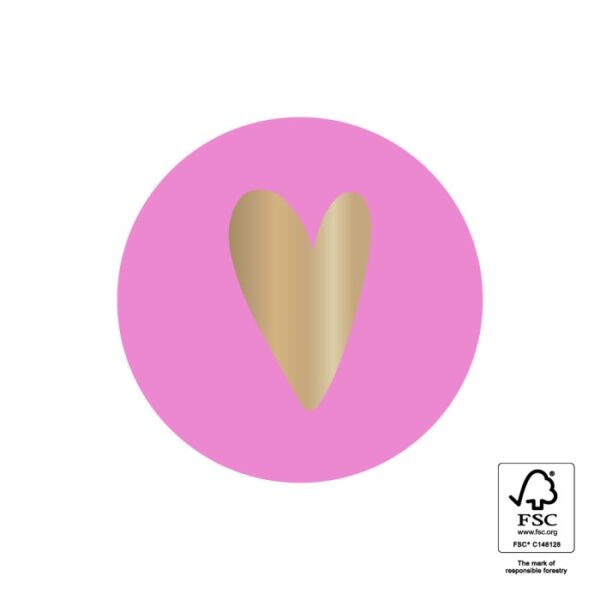 Sticker rond 35mm , `Bright pink / fel roze` met gouden hartje  ( per 10 stuks ) - Afbeelding 1