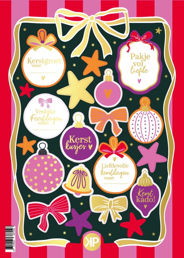 Stickervel A5 met 20 stickers , `Colorful Christmas` kerstballen strikjes sterren - Afbeelding 1