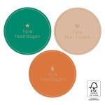 Sticker kerst rond 55mm , `Fijne feestdagen` roest jade beige ( mix van 10 stuks )