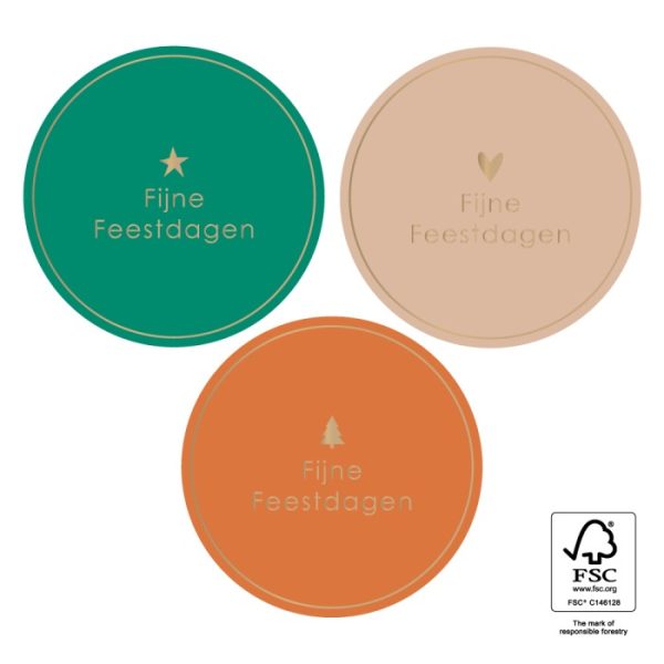 Sticker kerst rond 55mm , `Fijne feestdagen` roest jade beige ( mix van 10 stuks ) - Afbeelding 1