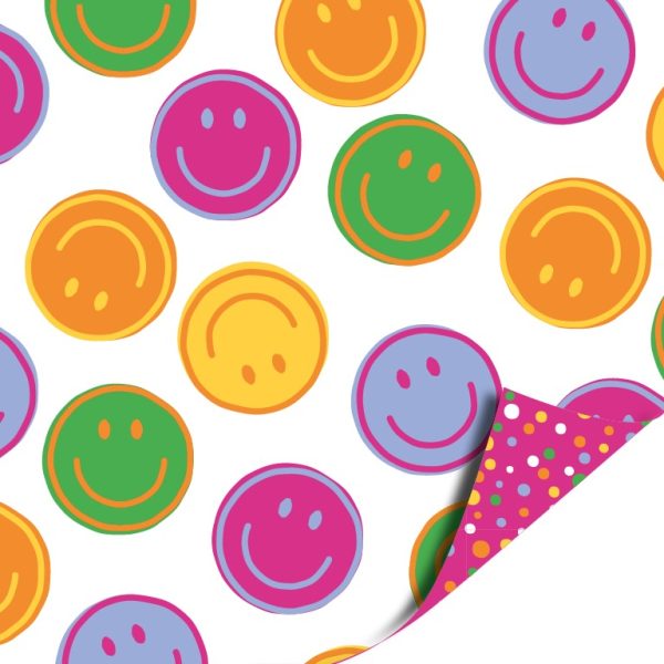 Kadopapier / inpakpapier `Smiley multicolor` roze blauw groen geel oranje op witte basis  ( 30cmx1meter ) - Afbeelding 1