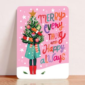 Aniet Illustration,  kerst kaart A6 `Merry everything and happy always` meisje met kerstboompje