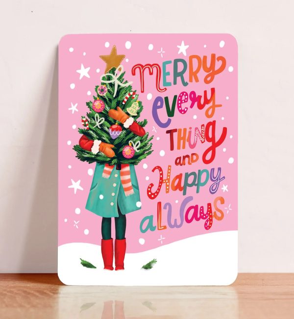 Aniet Illustration,  kerst kaart A6 `Merry everything and happy always` meisje met kerstboompje - Afbeelding 1