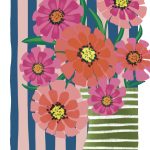 Kaartenpret, A6 kaart van karton ` Roze en rode bloemen in een groen wit gestreepte vaas`