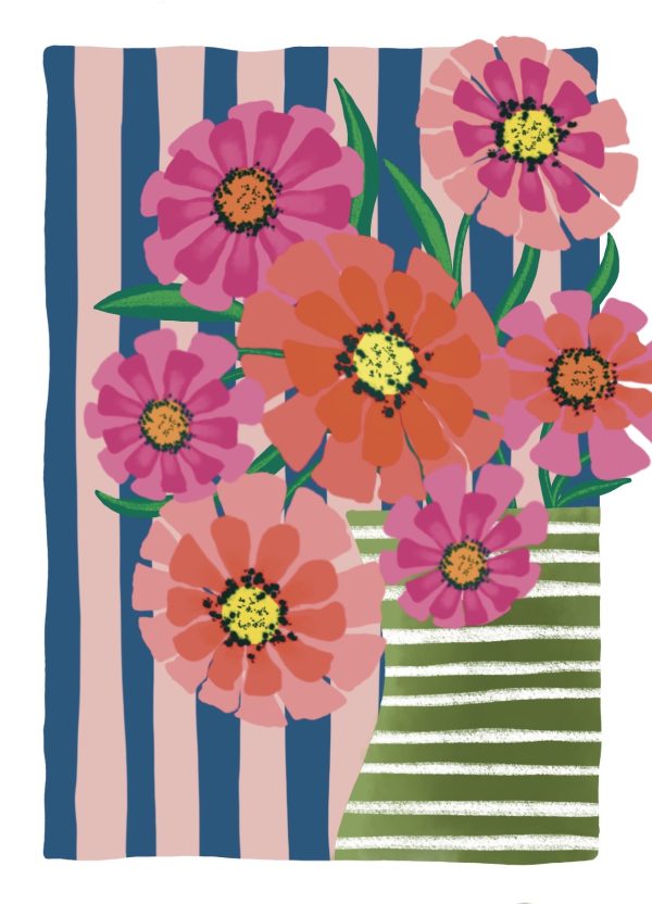 Kaartenpret, A6 kaart van karton ` Roze en rode bloemen in een groen wit gestreepte vaas` - Afbeelding 1