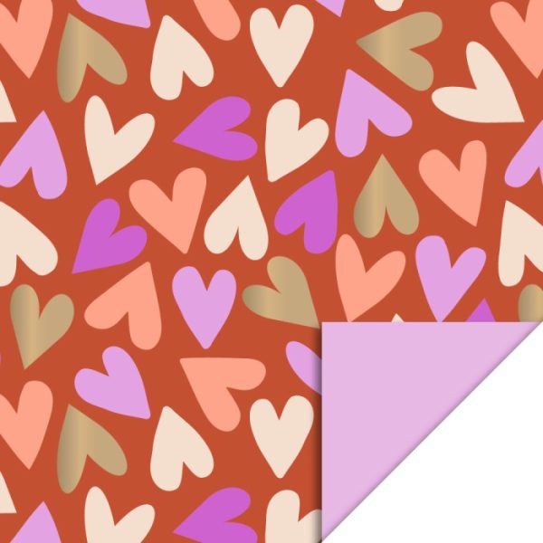 Kadopapier / inpakpapier `Big hearts` cognac / pink  ( 30cmx1meter ) - Afbeelding 1