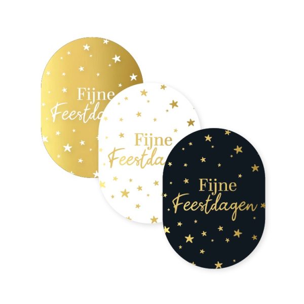 Sticker kerst ovaal 43mmx59mm , `Fijne feestdagen` zwart wit goud met sterrenprint ( mix van 10 stuks ) - Afbeelding 1