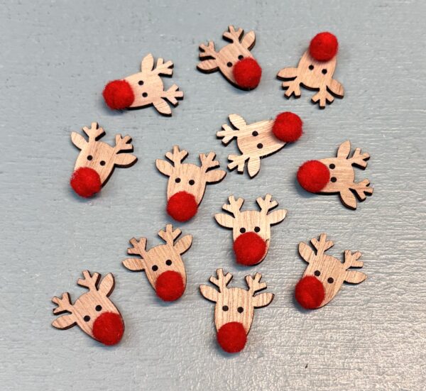 Decoratie houten rendiertjes met rood pompon neusje   ( set van 12 stuks ) - Afbeelding 1
