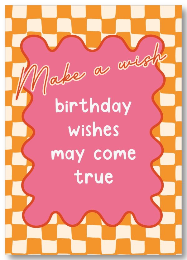 By Streepjes Designs, A6 kaart `Make a wish , birthday wishes` ruitje oranje roze rood - Afbeelding 1