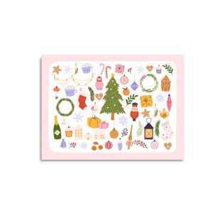 OnlyHappyThings , Kerst kaart A6 `Kerst afbeeldingen` kerstboom decoratie huisjes kadootjes koekjes