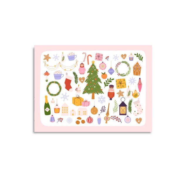 OnlyHappyThings , Kerst kaart A6 `Kerst afbeeldingen` kerstboom decoratie huisjes kadootjes koekjes - Afbeelding 1
