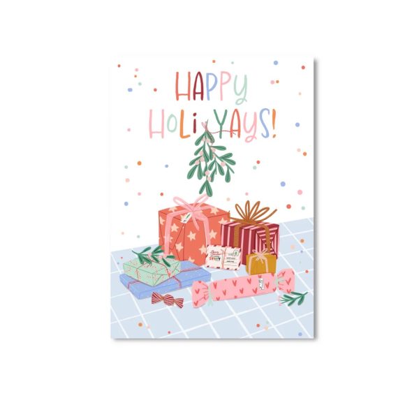 OnlyHappyThings , Kerst kaart A6 `Happy holi yays!` kadootjes en mistletoe - Afbeelding 1