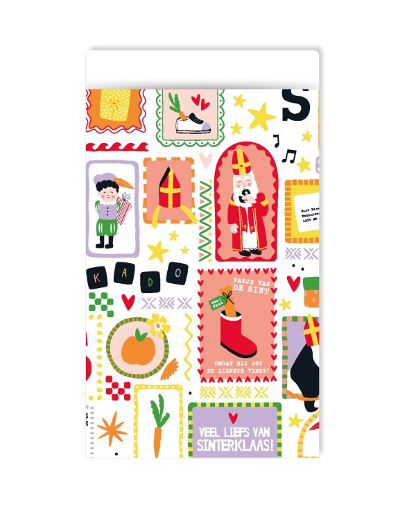 Kadozakje, Medium 12cmx19cm `Sinterklaas feest` print met allerlei afbeeldingen roze oranje paars ( per stuk ) - Afbeelding 1