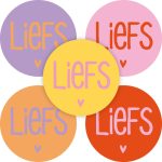 Sticker rond 35mm ` Liefs` roze rood paars oranje geel  ( mix van 10 stuks )